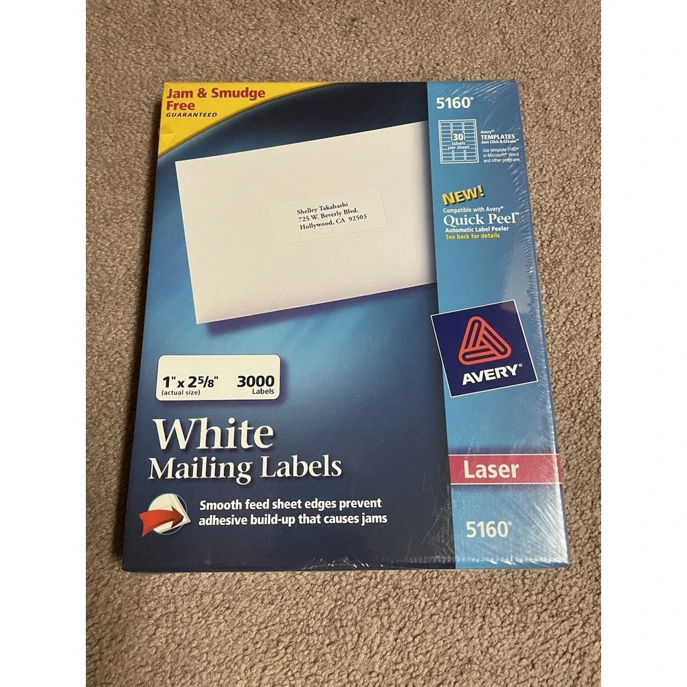 Avery Easy Peel Mailing Address Labels Laser 1x 2 5/8 White 3000 Box 5160‎